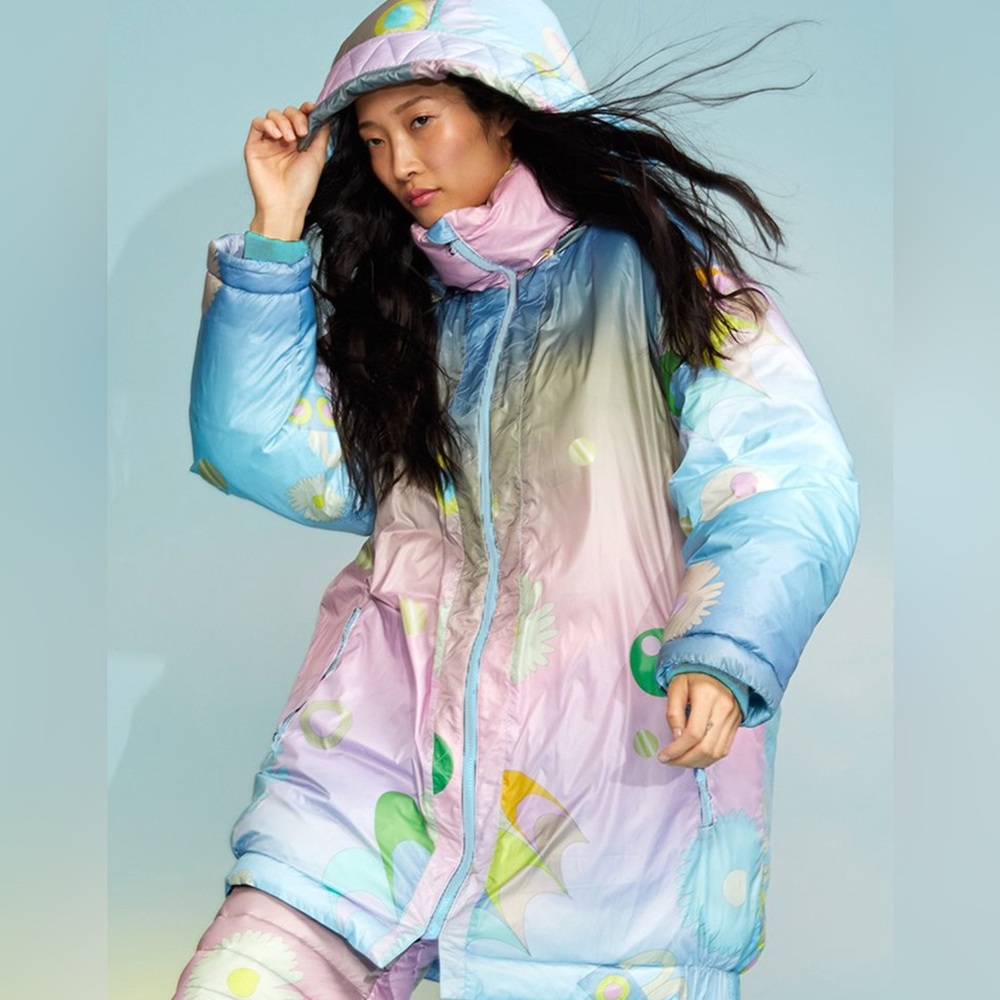 Cynthia Rowley Anthropologie Cosmo‎ Puffer Jacket Hooded Pastel Rainbow Floral S